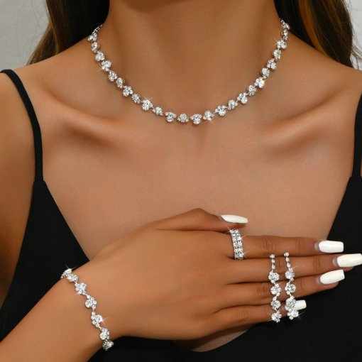 Cross-border European and American bride suit five-piece necklace earring bracelet ring grab chain diamond jewelry banquet jewelry - 图片 6