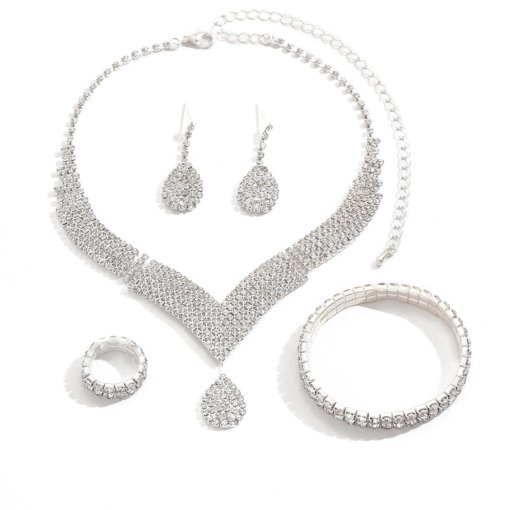 In stock hot sale wedding accessories necklace eardrops bracelet ring jewelry suit luxury rhinestone bridal set chain - Image 5