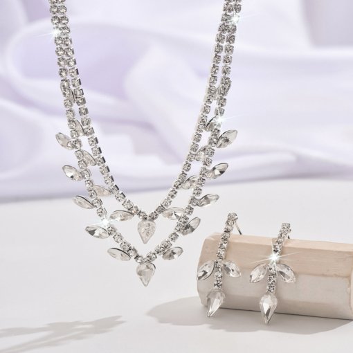 Multi-layer luxury fashion diamond pendant necklace earrings two-piece set European bride wedding necklace earring jewelry - 图片 4