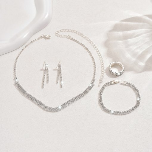 Cross-border hot sale jewelry bridal set of ornaments three-piece set necklace ear stud bracelet full diamond electroplated silver ladies - Image 4