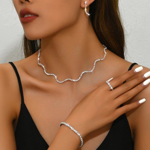 European and American fashion and fully-jewelled shiny necklace earring ring bracelet suit bridal necklace earrings five-piece set ornament - Image 2