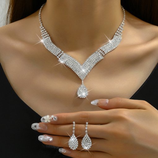 In stock hot sale wedding accessories necklace eardrops bracelet ring jewelry suit luxury rhinestone bridal set chain - Image 6