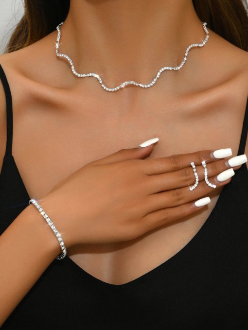 European and American fashion and fully-jewelled shiny necklace earring ring bracelet suit bridal necklace earrings five-piece set ornament - Image 7