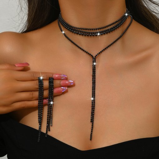 Amazon new design bohemian Y-shaped rhinestone inlaid multi-layer necklace tennis chain Lasso clavicle chain - Image 2