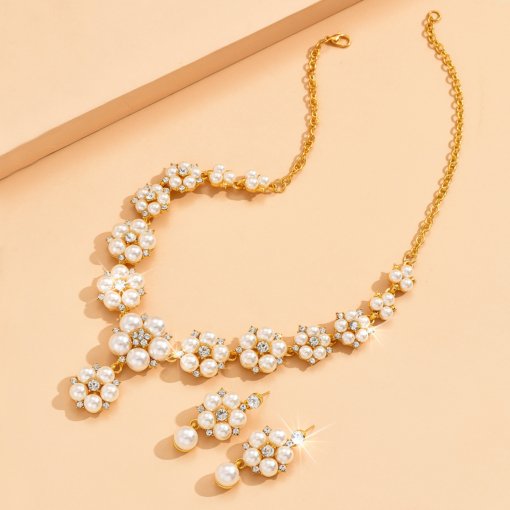 Fashion korean style personality imitation pearl necklace and earrings suite full diamond flower women's temperament bride formal dress accessories - Image 3