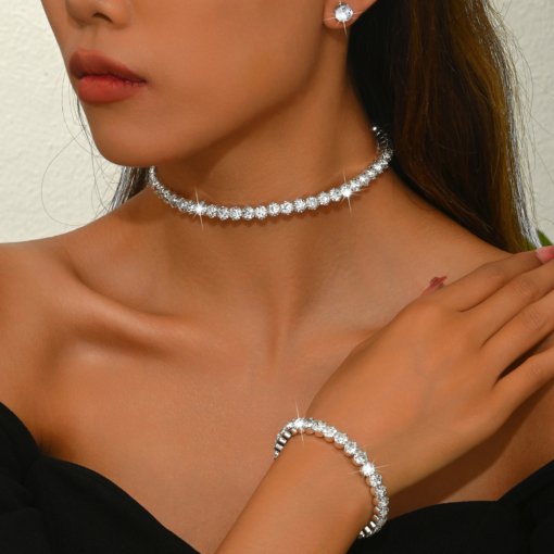 Factory cross-border wedding bride ornament single row Diamond full diamond collar bracelet earrings three-piece set suit wedding accessories - Image 2