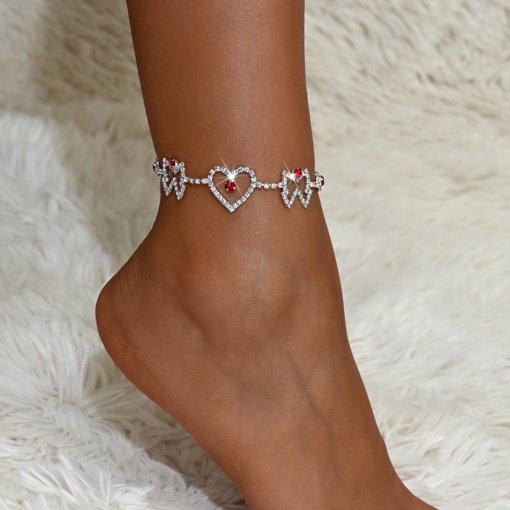 New hot sale fashion popular temperamental tassels rhinestone love heart foot ornaments rhinestone full diamond anklet European and American supply wholesale - Image 2