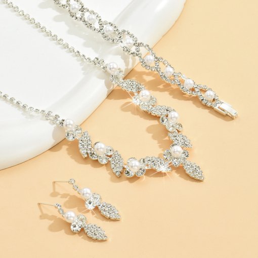 Cross-Border sold jewelry wholesale bridal wedding jewelry imitation pearl rhinestone necklace earring bracelet sets of chains - 图片 3