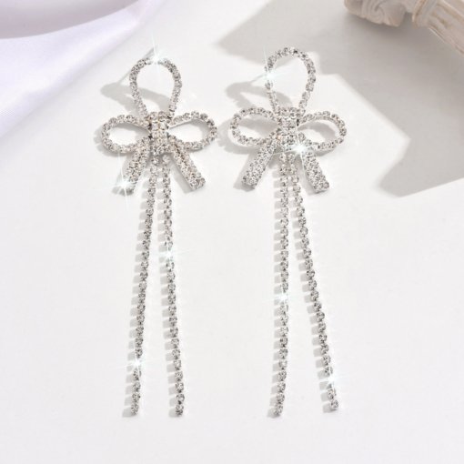 Amazon cross-border new fashion all-match bow earrings rhinestone long fringe temperament commute special-interest earrings women - 图片 5