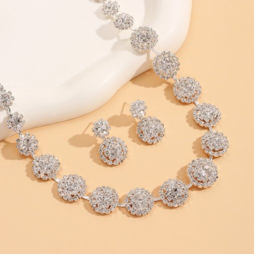 Cross-border hot jewelry suit luxury wedding party women's ornament round rhinestone quartz necklace and earring suit suit - 图片 4