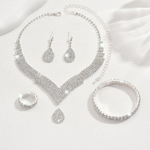In stock hot sale wedding accessories necklace eardrops bracelet ring jewelry suit luxury rhinestone bridal set chain - Image 2