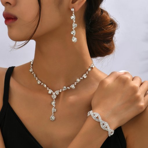 2022 fashion crystal rhinestone necklace ear stud bracelet three-piece jewelry accessories wedding decoration all-match bride