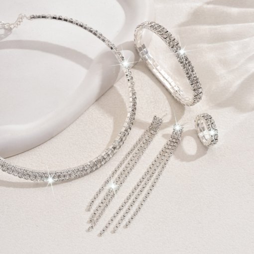 Cross-border European and American full diamond earrings ring high fashion zircon necklace, bracelet set wholesale jewelry New - 图片 4