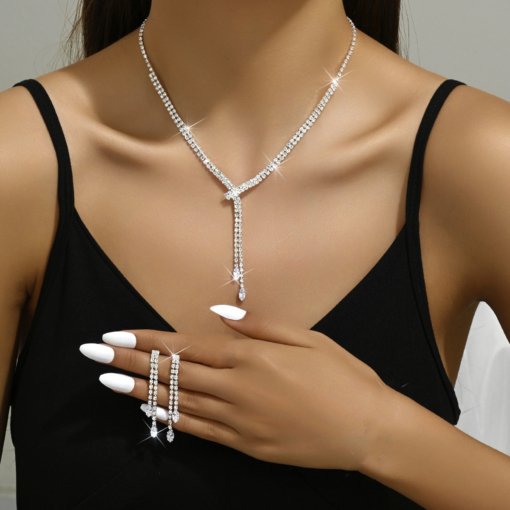 Cross-border supply hot sale foreign trade ornament full rhinestone zircon necklace earring bracelet ring set chain wedding formal dress jewelry - Image 6