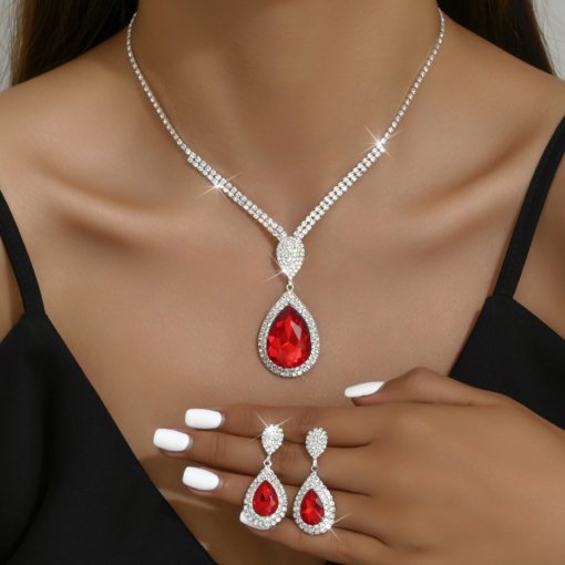 Fashion temperament red sapphire blue water drop pendant affordable luxury style design niche trendy suit autumn and winter all-matching wholesale