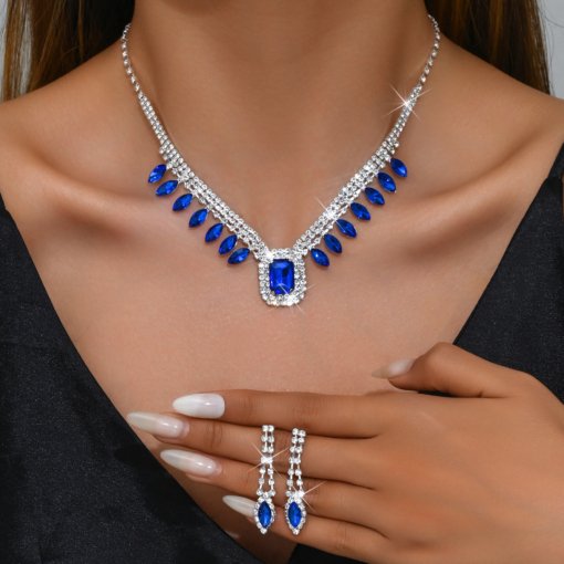 Foreign trade popular style jewelry wholesale luxury dinner dress jewelry Black royal blue gemstone earrings necklace suit - 图片 2