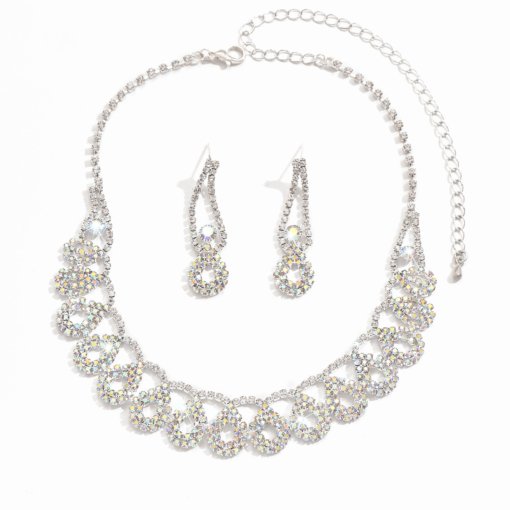 European and American luxury geometric hollow Super Flash rhinestone necklace and earrings suite Lady temperament fashion short necklace jewelry for women - 图片 5