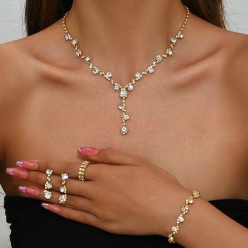 2024 cross-border fashion crystal rhinestone necklace ear stud bracelet ring jewelry wedding decoration all-match bride suit - 图片 4