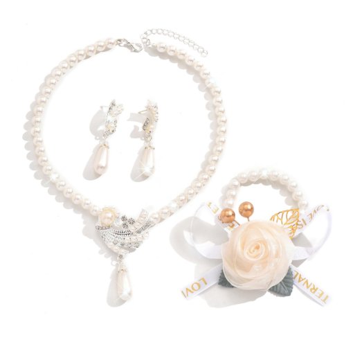 European and American anti-pearl necklace earring bracelet suit alloy flower bridal dress personalized set suit women's fashion temperament - Image 5