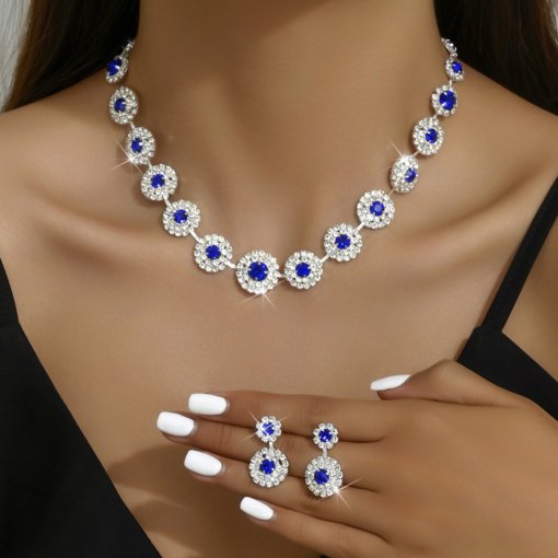 Cross-border hot jewelry suit luxury wedding party women's ornament round rhinestone quartz necklace and earring suit suit - 图片 9