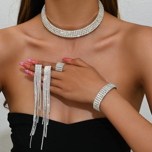 2024 fashion elegant luxury full diamond shiny rhinestones Paster neck collar bracelet tassel earrings suit bride ornament - Image 8