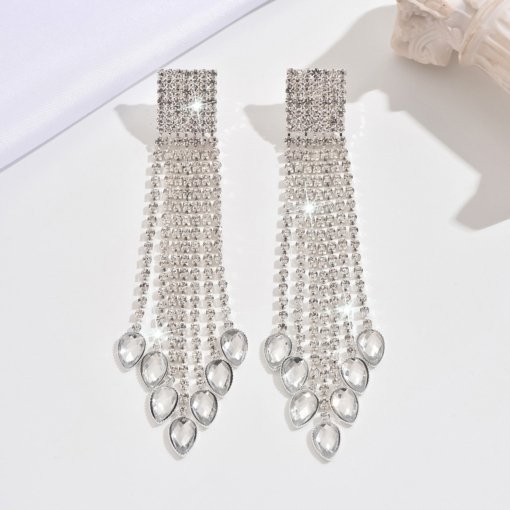 Long full rhinestone tassel earrings exaggerated fashionable earrings light luxury advanced European and American hot ear rings wholesale - 图片 5