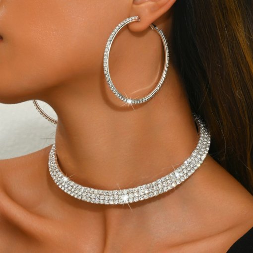 2024 fashion elegant luxury full diamond shiny rhinestones Paster neck collar bracelet tassel earrings suit bride ornament - Image 2