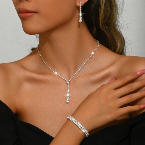 Fashion simple and popular jewelry suit rhinestone double row long necklace ear stud bracelet Middle East wedding - 图片 2