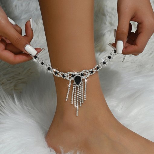 Hot sale in Europe and America sexy fashion popular style black water drop tassel rhinestone anklet female ankle over rhinestone jewelry lot