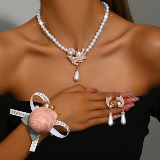 European and American anti-pearl necklace earring bracelet suit alloy flower bridal dress personalized set suit women's fashion temperament - Image 7