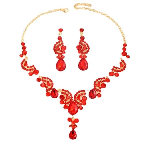 Europe and America cross border hot selling fashion alloy sapphire blue/red gemstone bridal wedding accessories necklace earrings set of 2 - 图片 5