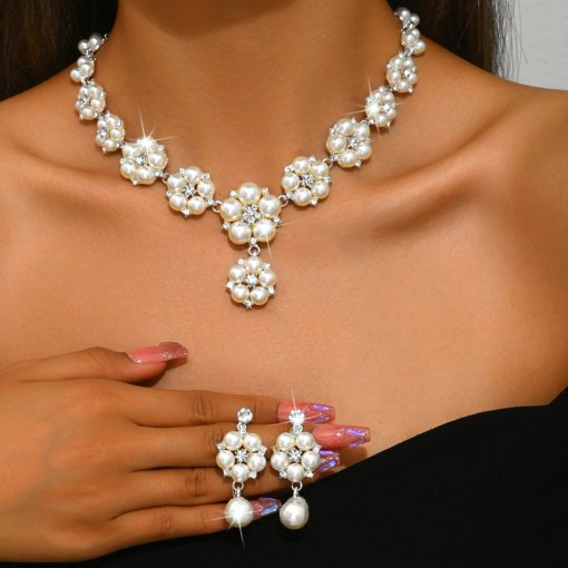 Europe and America cross border vintage court Pearl rhinestone necklace earrings flower bridal necklace two-piece earrings set Wholesale