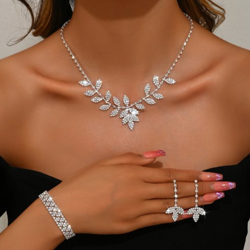 Bridal Ornament luxury rhinestone necklace earrings set chain wedding leaf necklace accessories studio camera