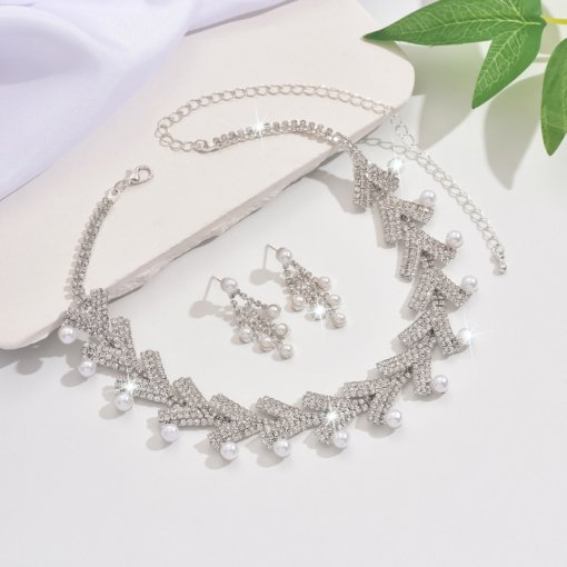 Europe and America cross border luxury shiny rhinestone pearl necklace two-piece earrings set bridal jewelry suit wedding suit - Image 4