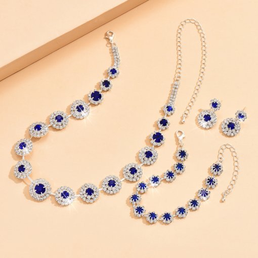 European and American fashion bride suit wedding accessories necklace earring bracelet sapphire blue simple set suit formal dress accessories - Image 4