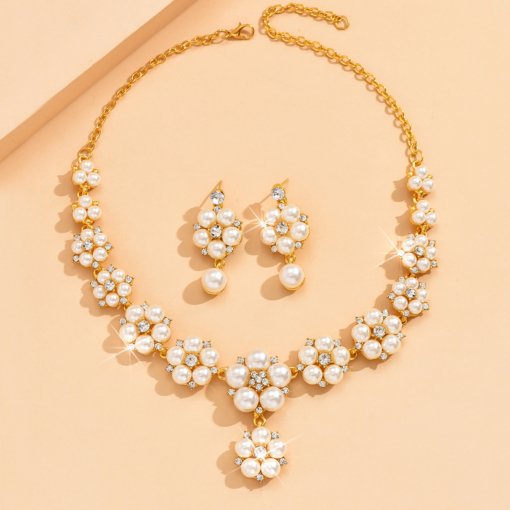 Fashion korean style personality imitation pearl necklace and earrings suite full diamond flower women's temperament bride formal dress accessories - Image 4