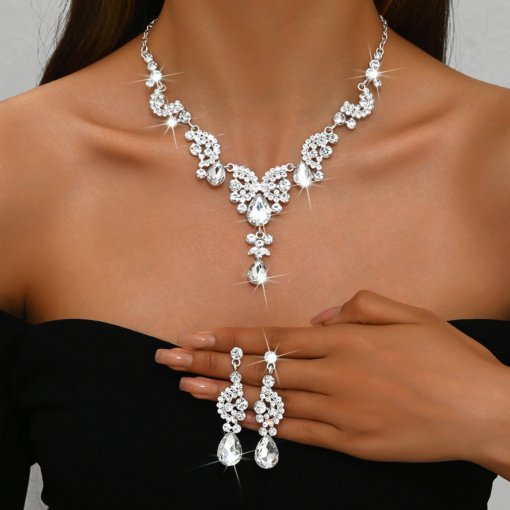 Europe and America cross border hot selling fashion alloy sapphire blue/red gemstone bridal wedding accessories necklace earrings set of 2 - 图片 8