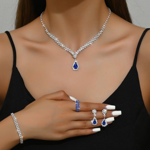 Cross-border European and American style necklace bracelet ring suit bridal accessories jewellery zircon earrings four-piece dress wedding dress - 图片 7