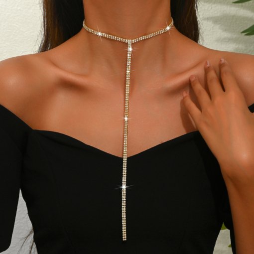 Necklace European and American Necklace accessories simple advanced style sexy fashion all-match long T-shaped crystal Necklace - Image 2