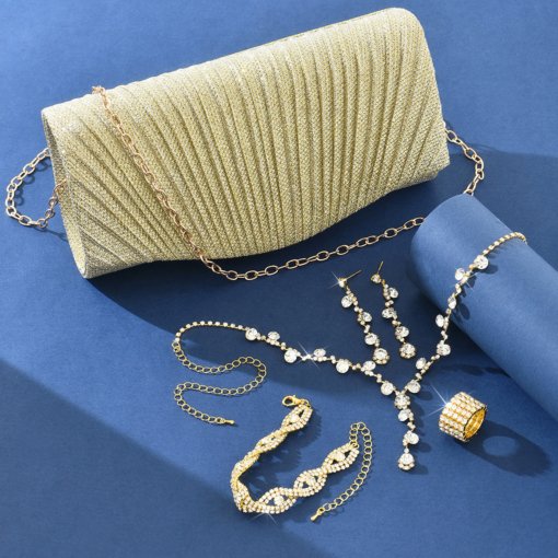 Bridal jewelry suit fashion simple rhinestone bracelet eardrop necklace Pu hand bag dinner bag six-piece set - Image 4