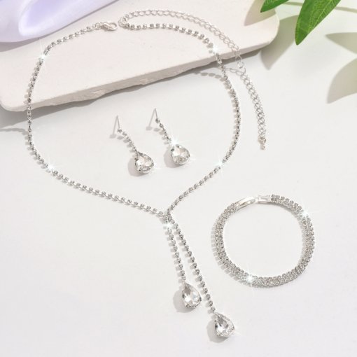 European and American simple jewelry water drop shiny wedding claw chain rhinestone dinner set chain necklace earrings bridal four-piece set - Image 4