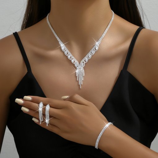 Fashion simple loose diamond zircon jewelry suit wedding accessories temperament bride necklace earring bracelet suit