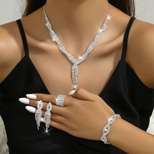 Jewelry suit fashion and fully-jewelled tassel jewelry suit five-piece set necklace ear stud bracelet stretch ring - Image 6
