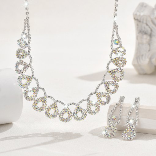 European and American luxury geometric hollow Super Flash rhinestone necklace and earrings suite Lady temperament fashion short necklace jewelry for women - 图片 3
