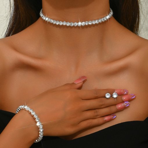 Factory cross-border wedding bride ornament single row Diamond full diamond collar bracelet earrings three-piece set suit wedding accessories - Image 6