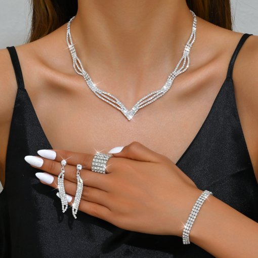 Cross-border hot selling exquisite claw chain necklace earrings zircon bracelet suit full diamond rhinestone clavicle chain dinner accessories for women - 图片 6