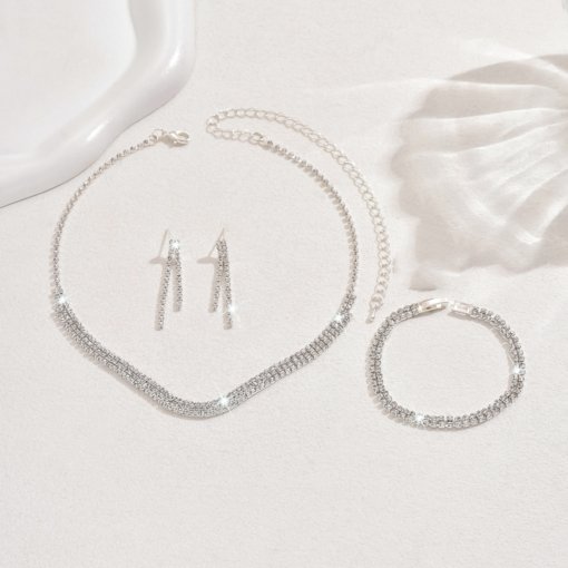 Cross-border hot sale jewelry bridal set of ornaments three-piece set necklace ear stud bracelet full diamond electroplated silver ladies - Image 7