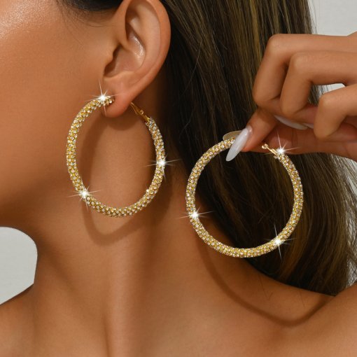 Affordable luxury fashion Diamond-embedded big earrings female European and American exaggerated winding round earrings ear ring earrings personality minimalist elegant earrings - 图片 2