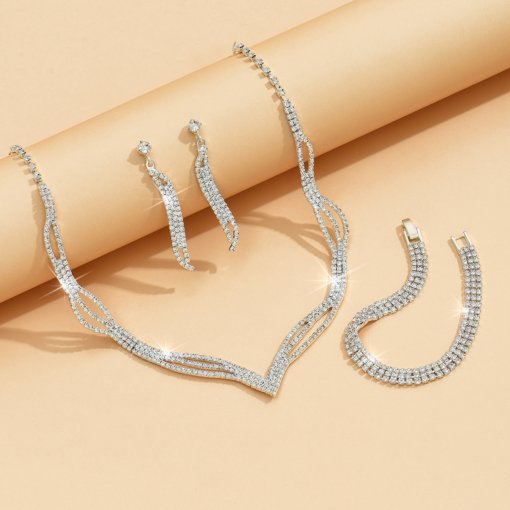 Cross-border hot selling exquisite claw chain necklace earrings zircon bracelet suit full diamond rhinestone clavicle chain dinner accessories for women - 图片 7