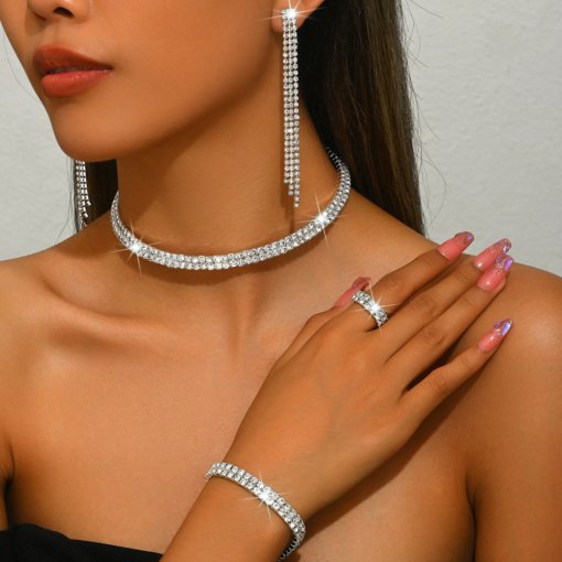Cross-border European and American full diamond earrings ring high fashion zircon necklace, bracelet set wholesale jewelry New